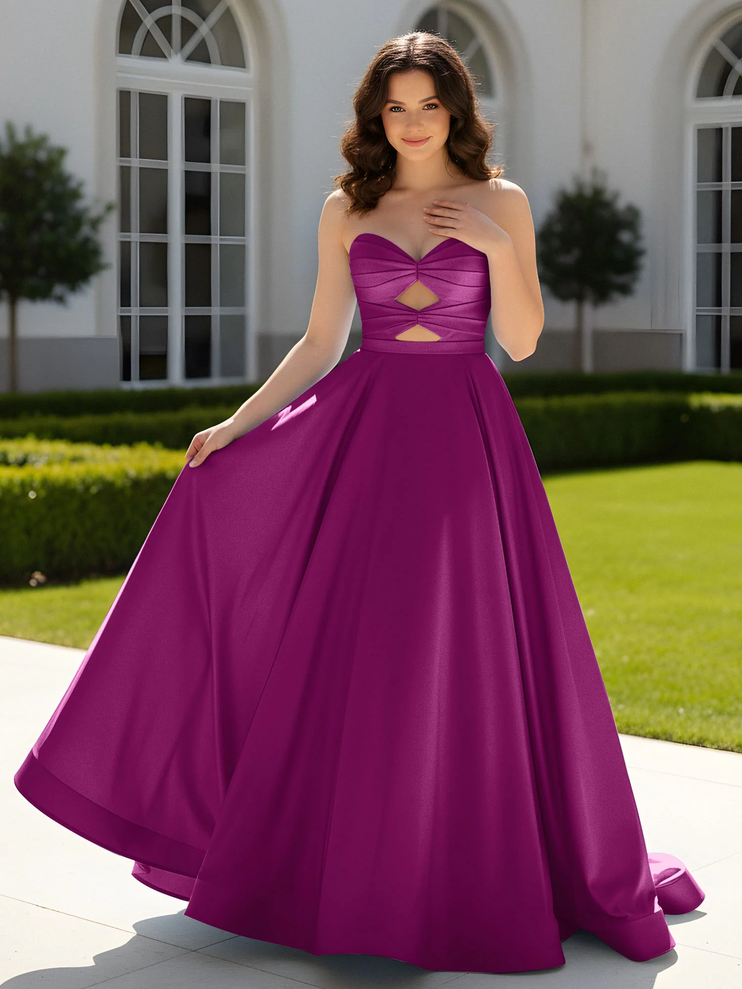 Pleated Sweetheart Satin Ball Gown With Sweep/Brush Train Orchid