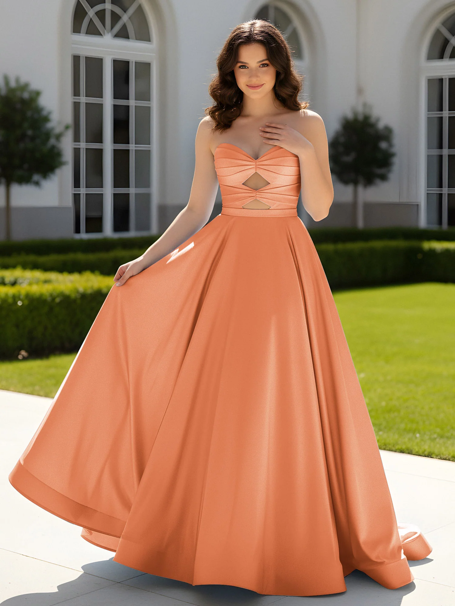 Pleated Sweetheart Satin Ball Gown With Sweep/Brush Train Papaya
