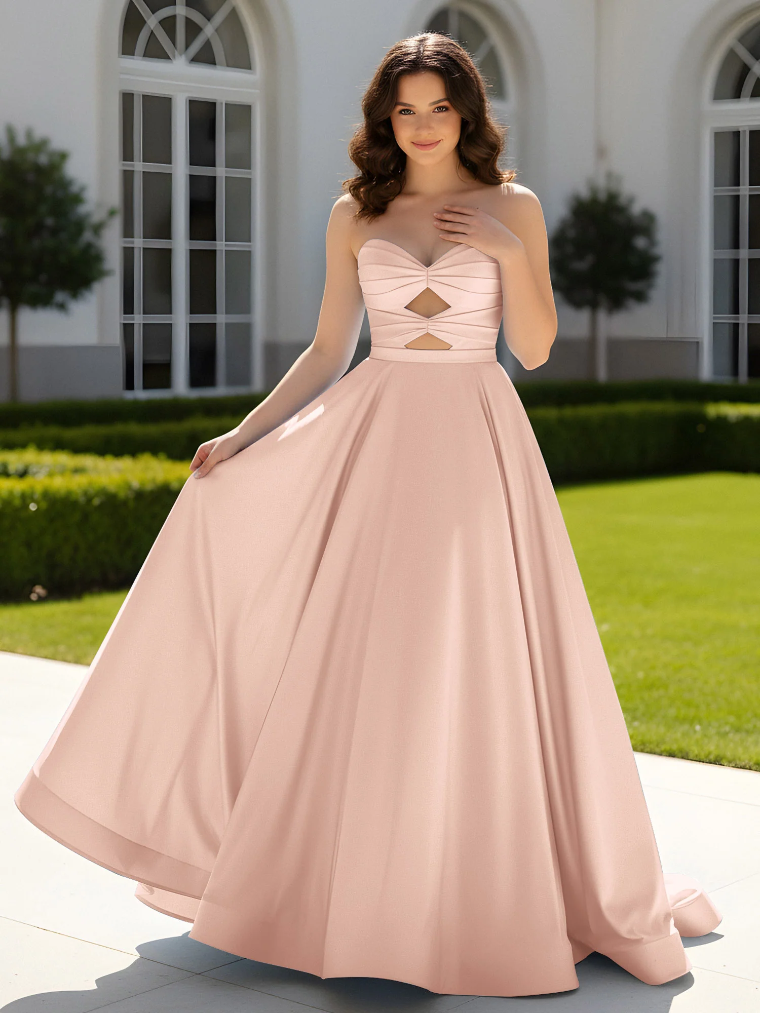 Pleated Sweetheart Satin Ball Gown With Sweep/Brush Train Pearl Pink
