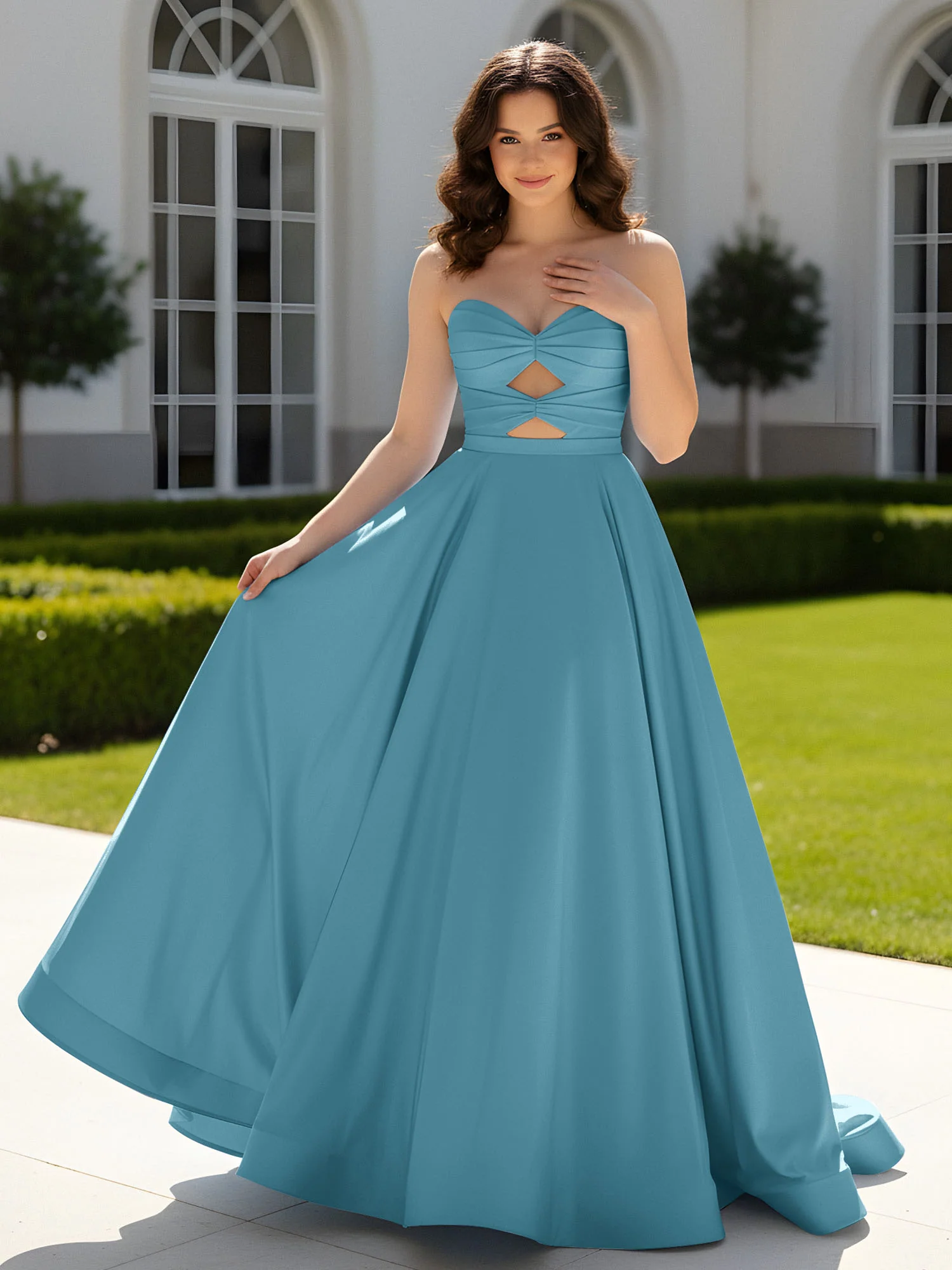 Pleated Sweetheart Satin Ball Gown With Sweep/Brush Train Pool