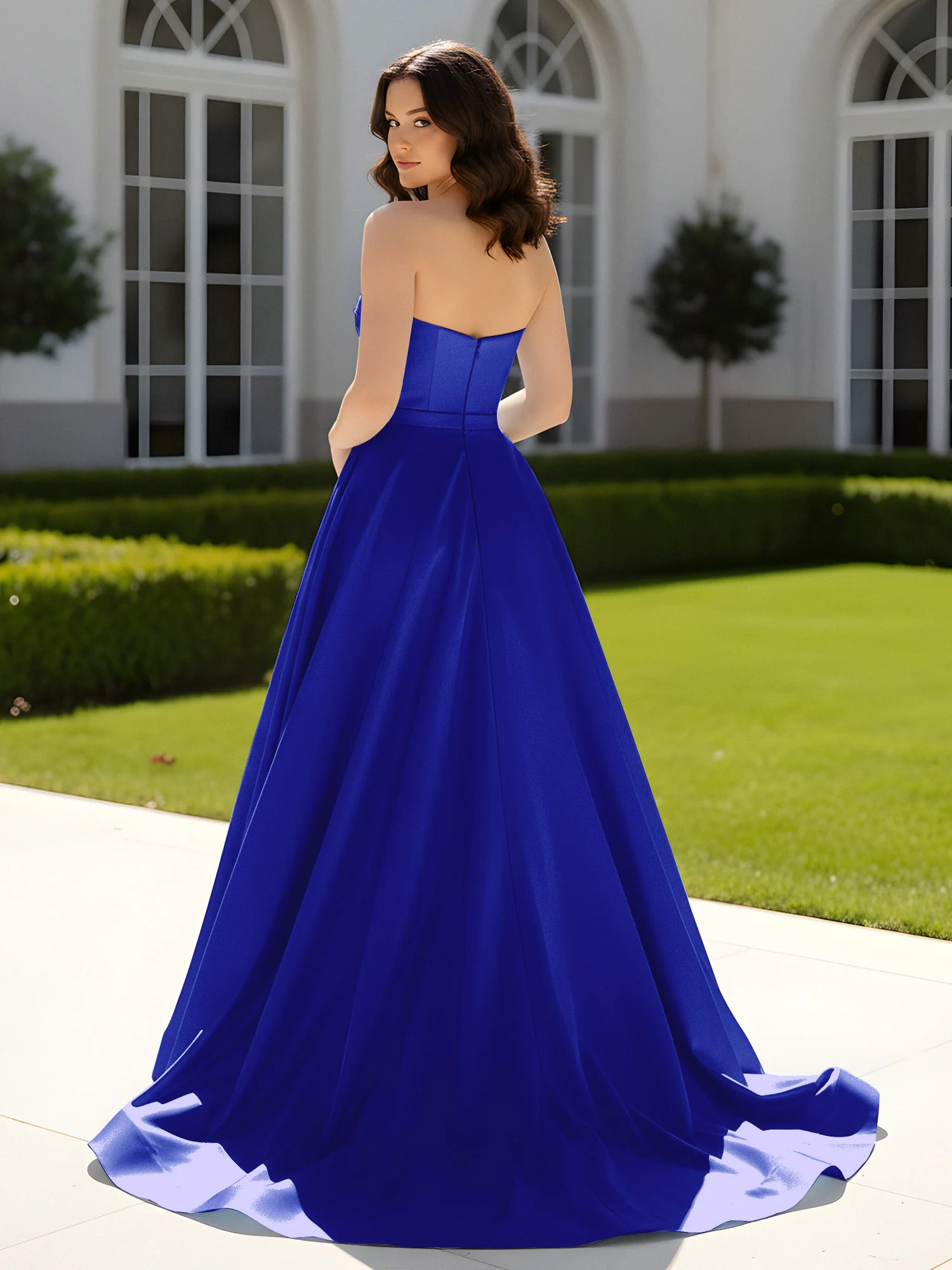 Pleated Sweetheart Satin Ball Gown With Sweep/Brush Train Royal Blue - Image 2