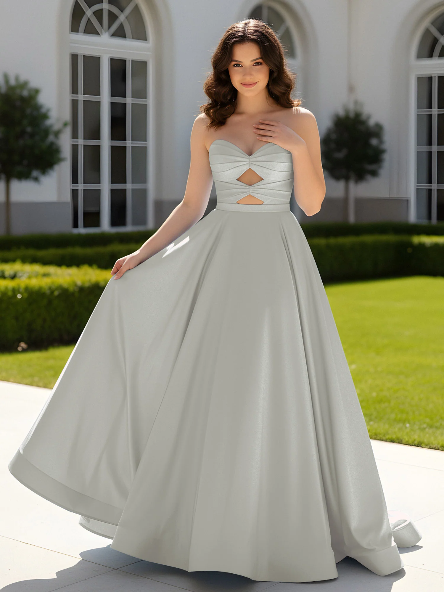 Pleated Sweetheart Satin Ball Gown With Sweep/Brush Train Silver