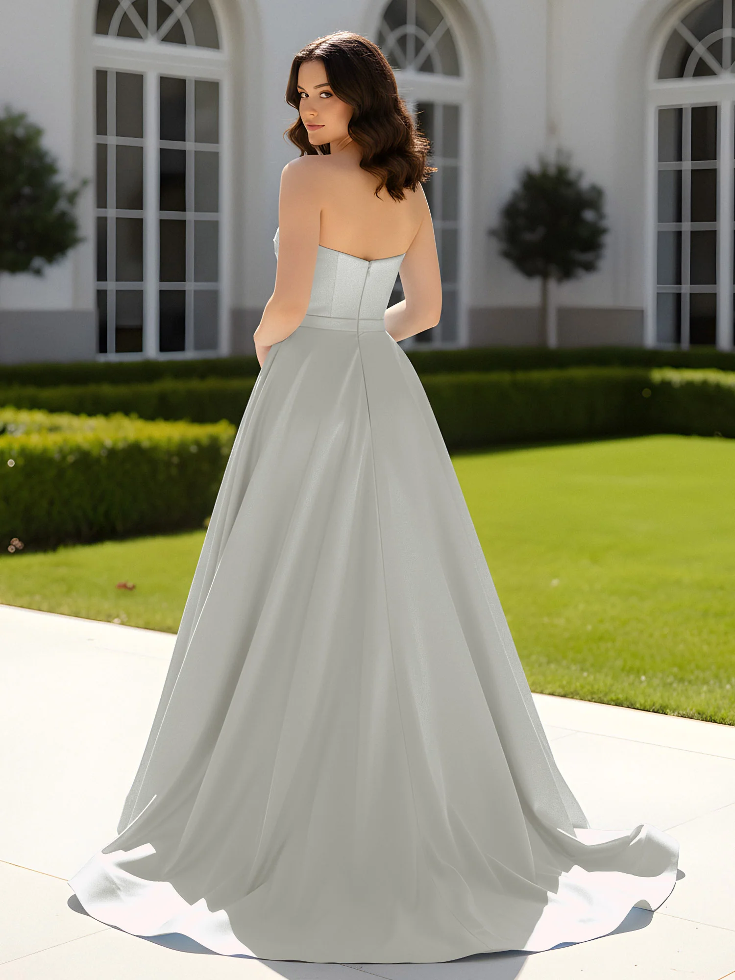 Pleated Sweetheart Satin Ball Gown With Sweep/Brush Train Silver - Image 2