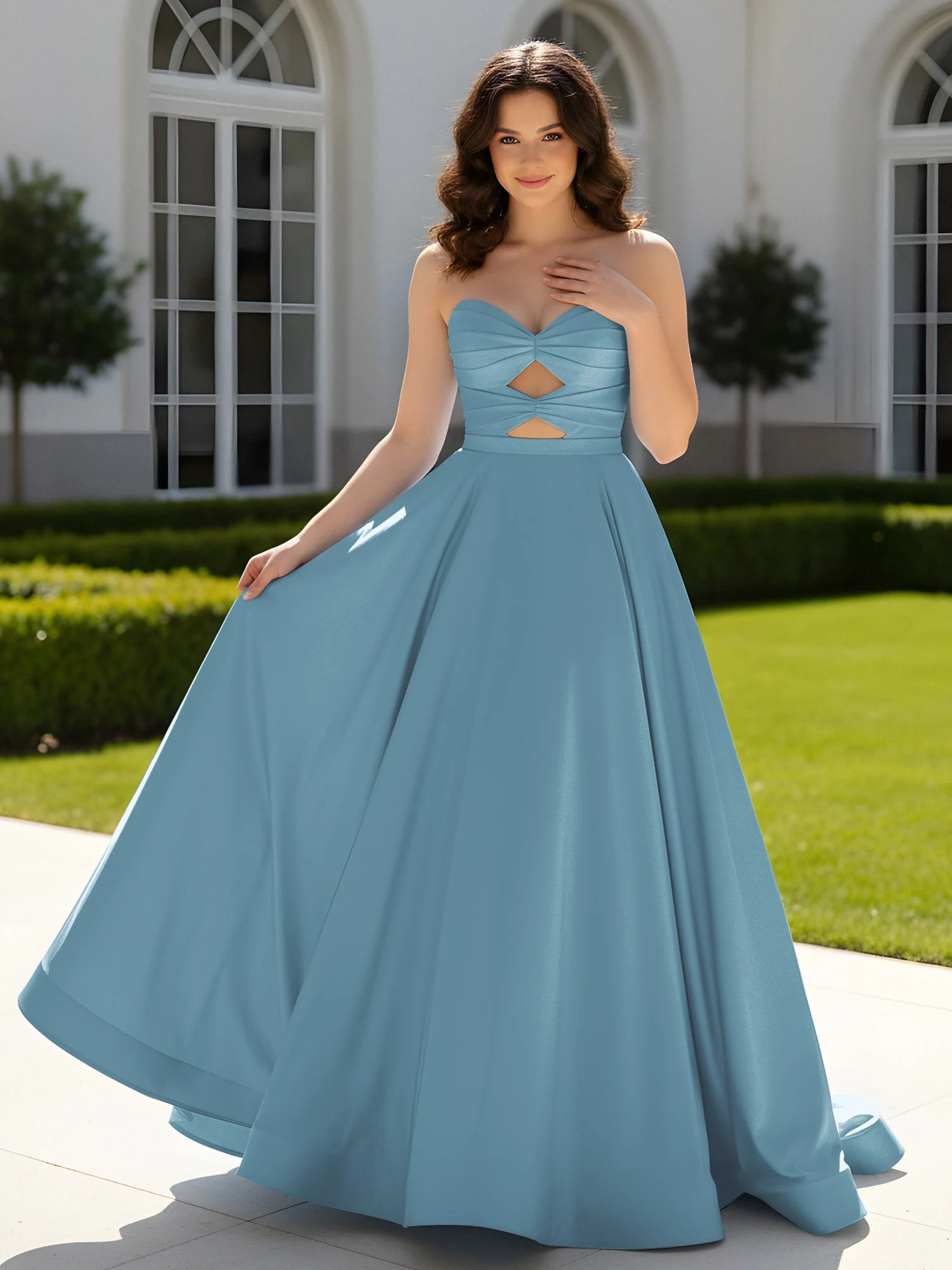 Pleated Sweetheart Satin Ball Gown With Sweep/Brush Train Slate Blue