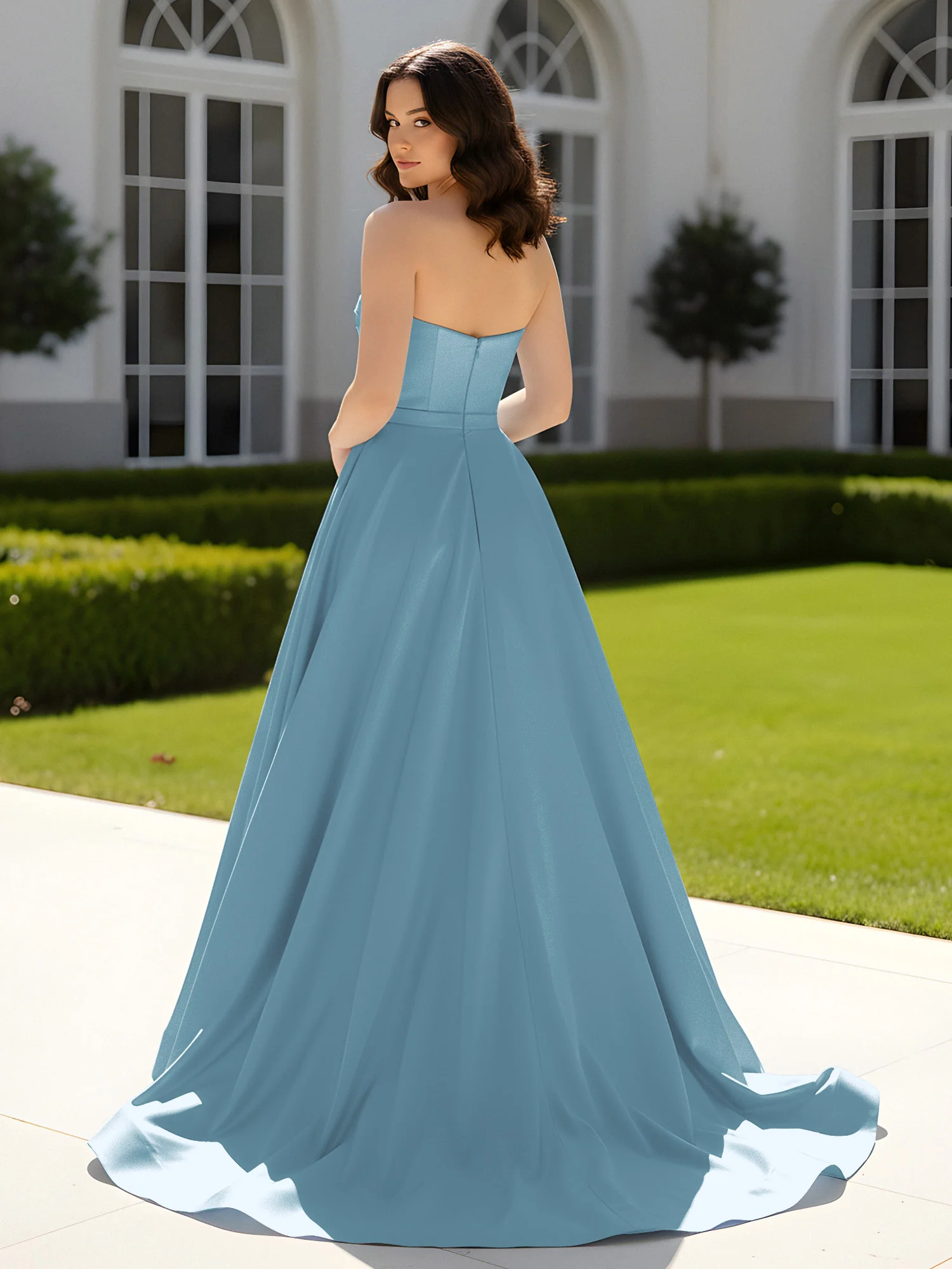 Pleated Sweetheart Satin Ball Gown With Sweep/Brush Train Slate Blue - Image 2