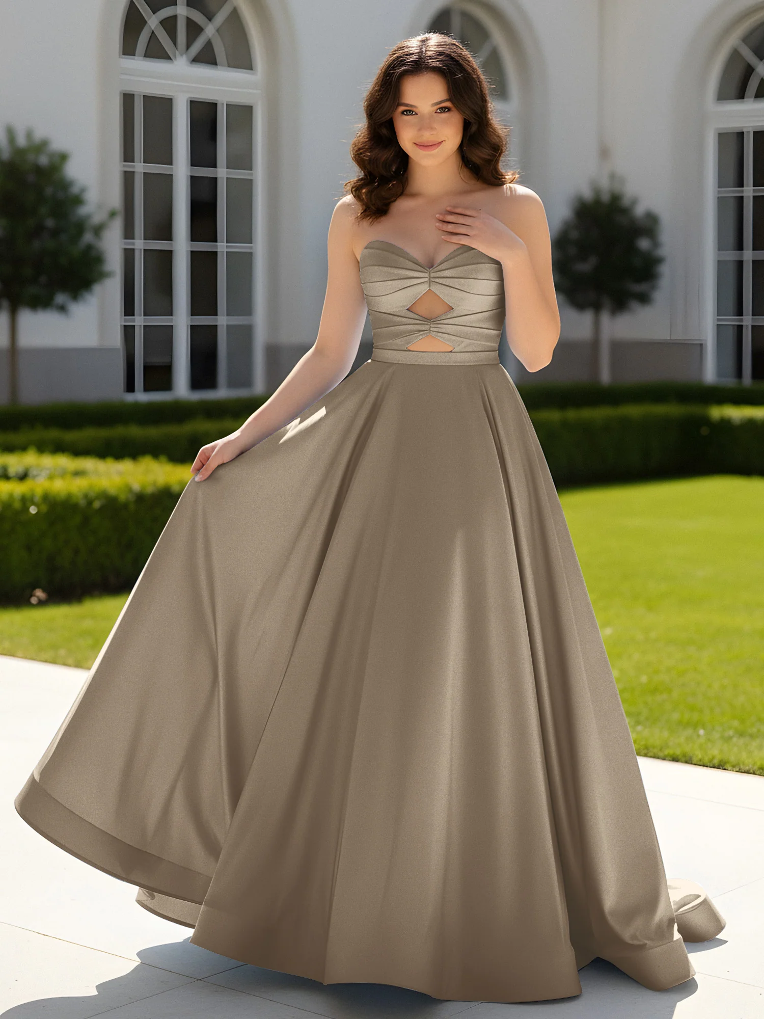 Pleated Sweetheart Satin Ball Gown With Sweep/Brush Train Taupe