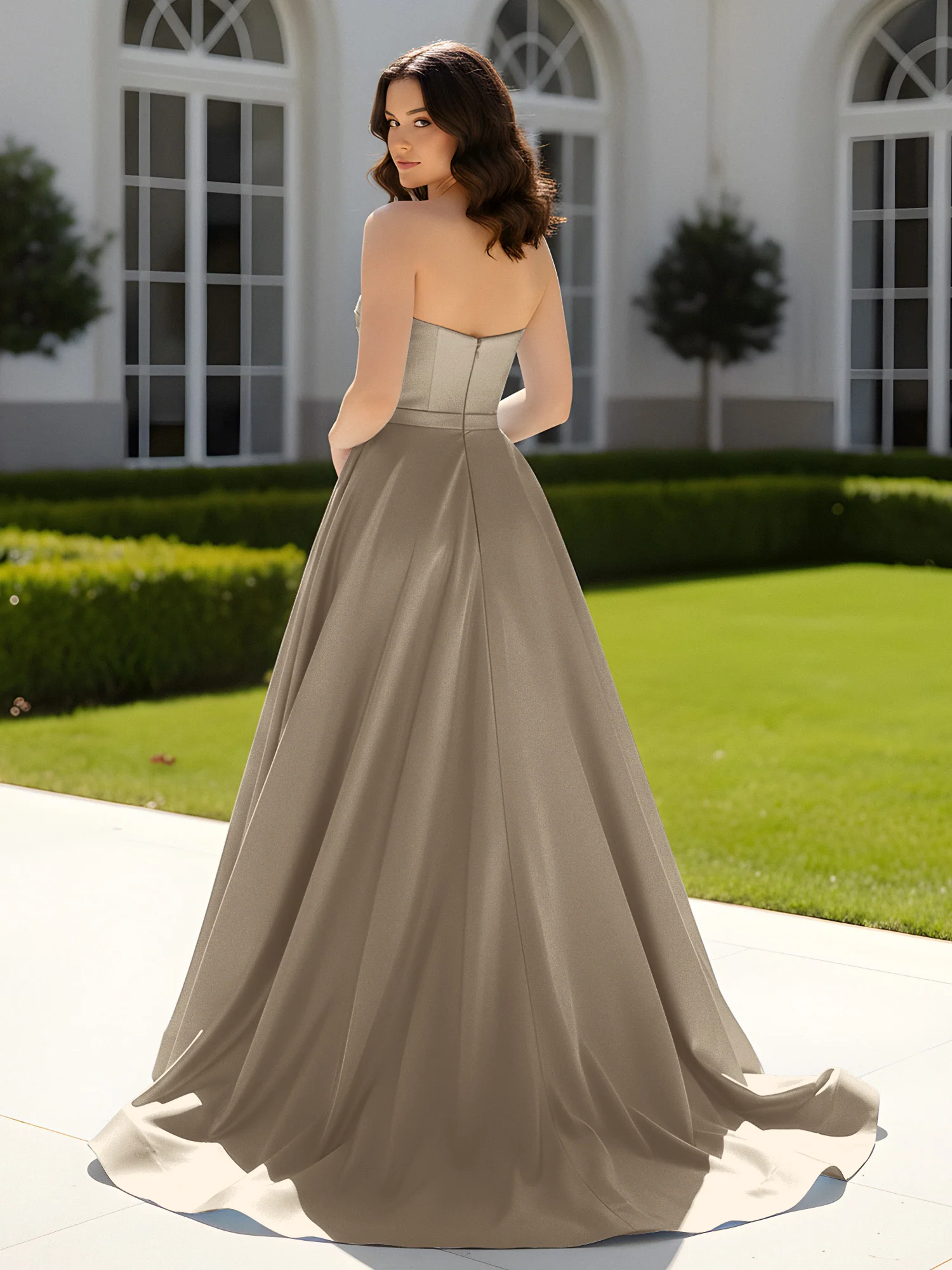 Pleated Sweetheart Satin Ball Gown With Sweep/Brush Train Taupe - Image 2