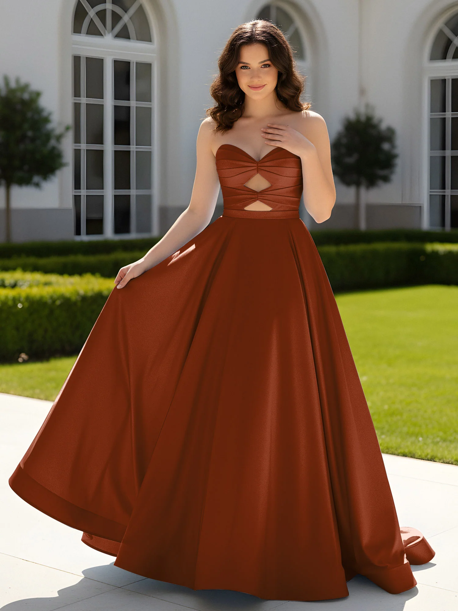 Pleated Sweetheart Satin Ball Gown With Sweep/Brush Train Terracotta