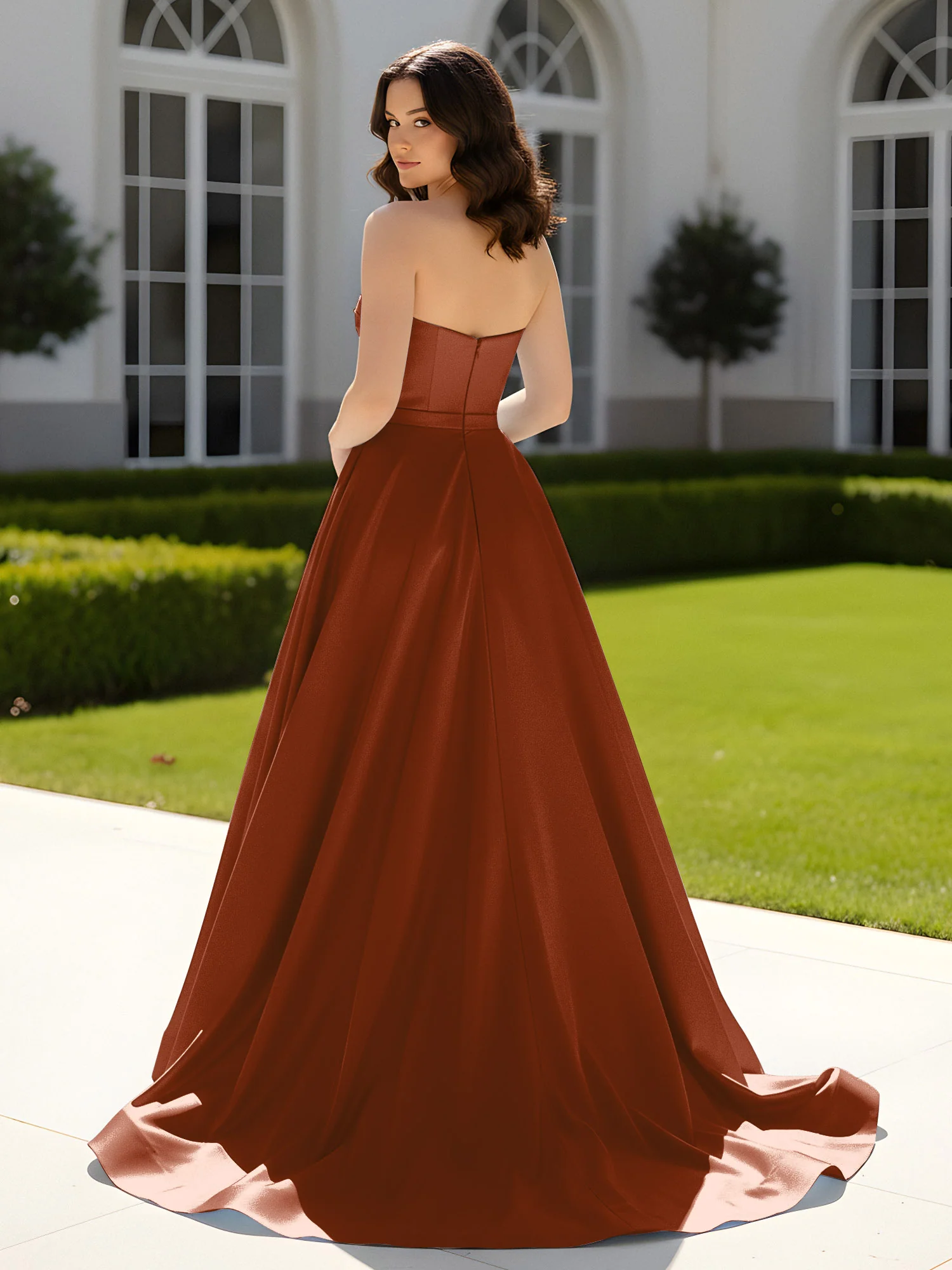 Pleated Sweetheart Satin Ball Gown With Sweep/Brush Train Terracotta - Image 2