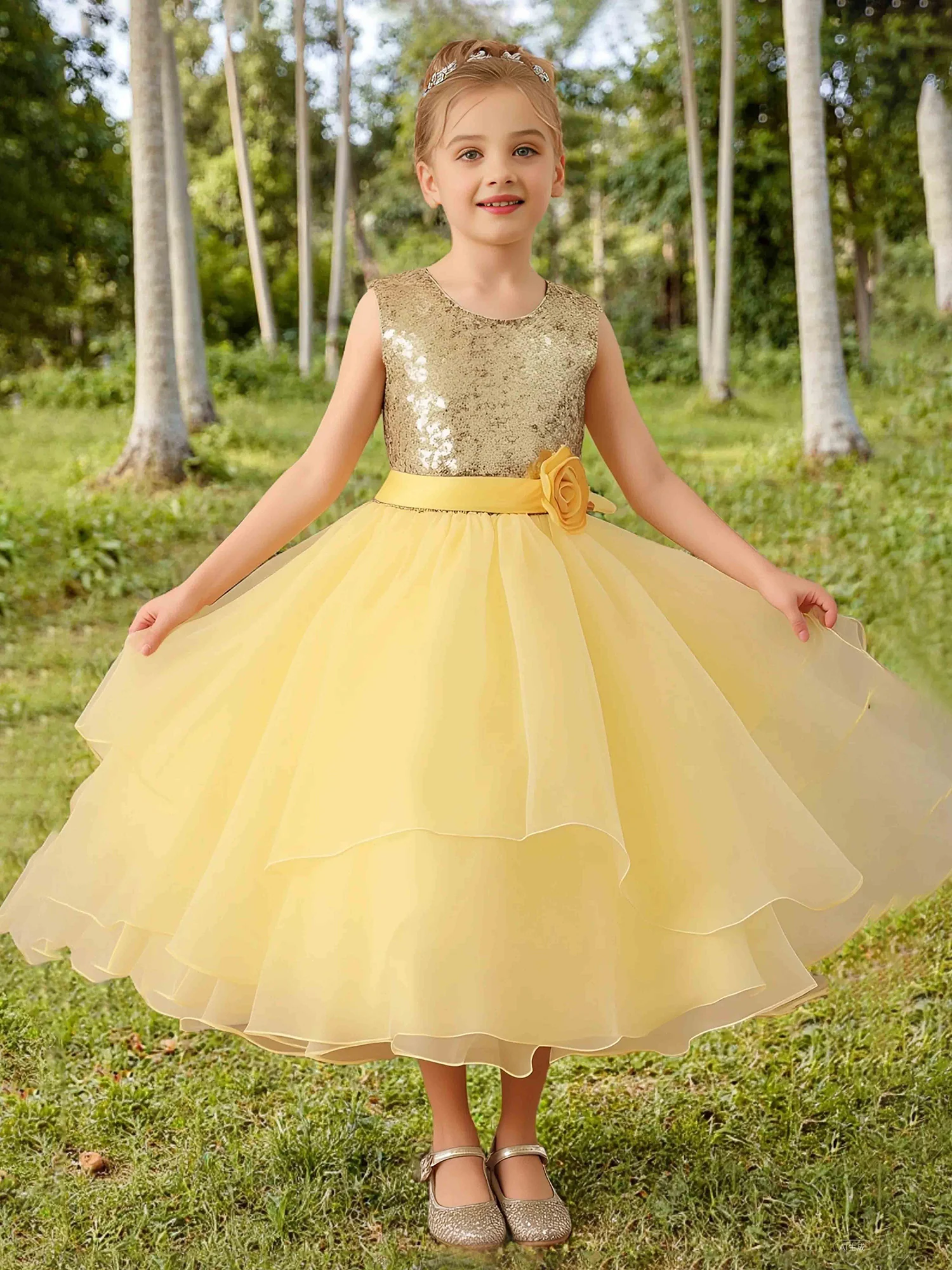 Sleeveless Round Neck Tiered Organza Flower Girl Dress Gold