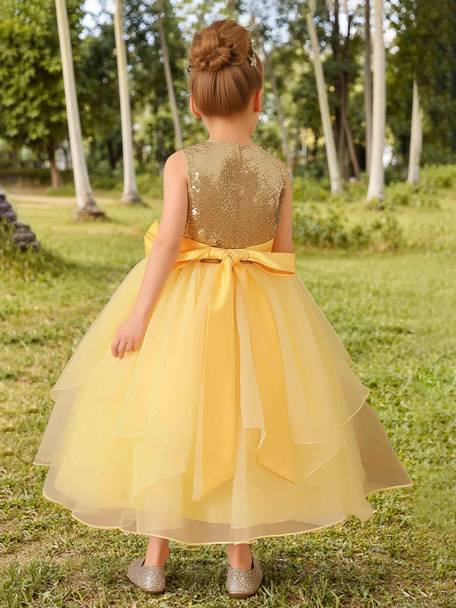 Sleeveless Round Neck Tiered Organza Flower Girl Dress Gold - Image 2