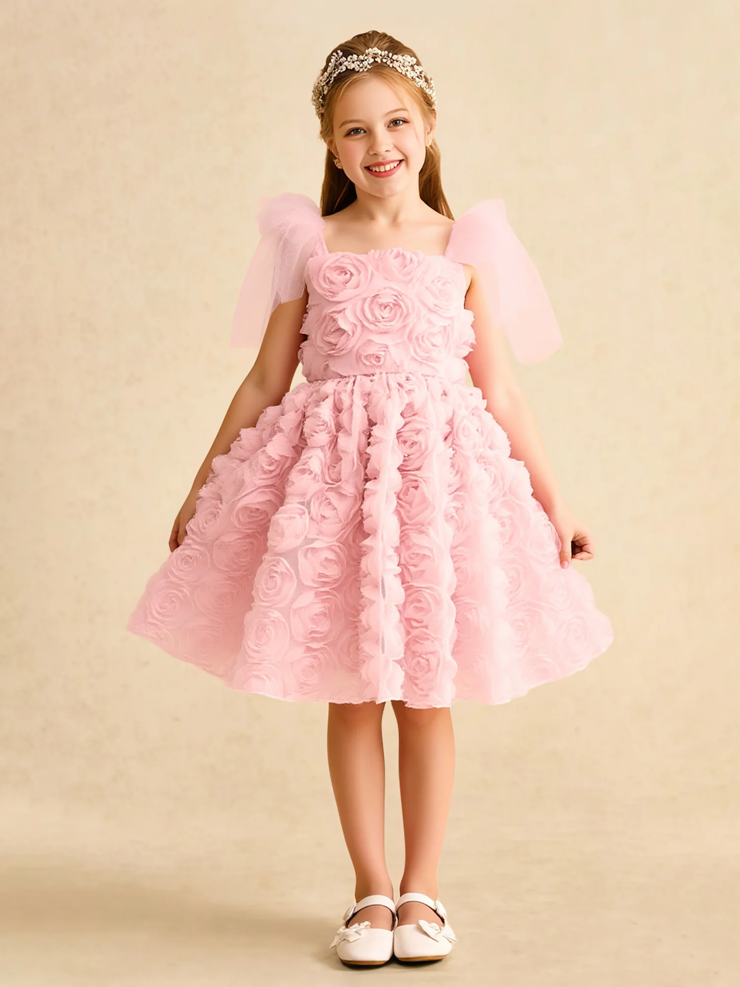 Rose Applique Flutter Sleeve Flower Girl Dress Blushing Pink